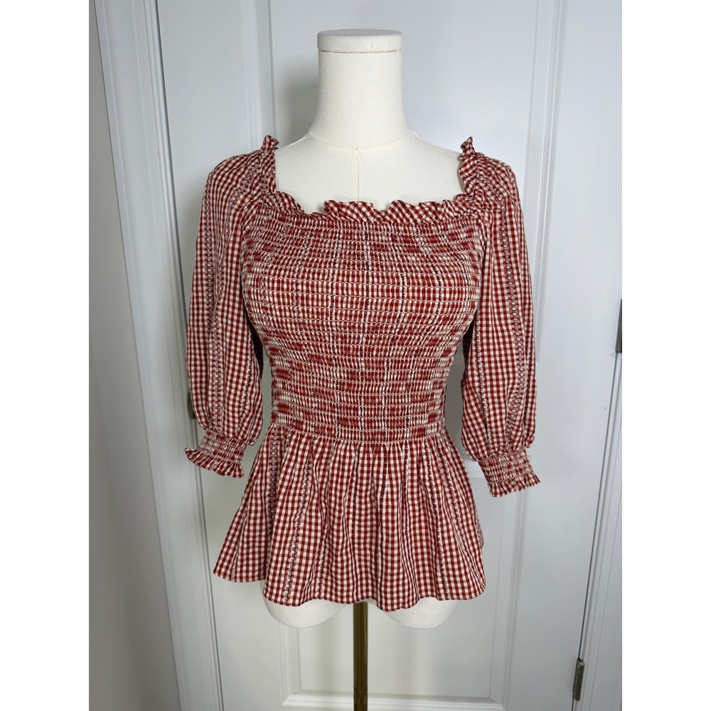 Max‎ Studio Gingham Smocked Off The Shoulder Milkmaid Top Small Cottagecore Boho